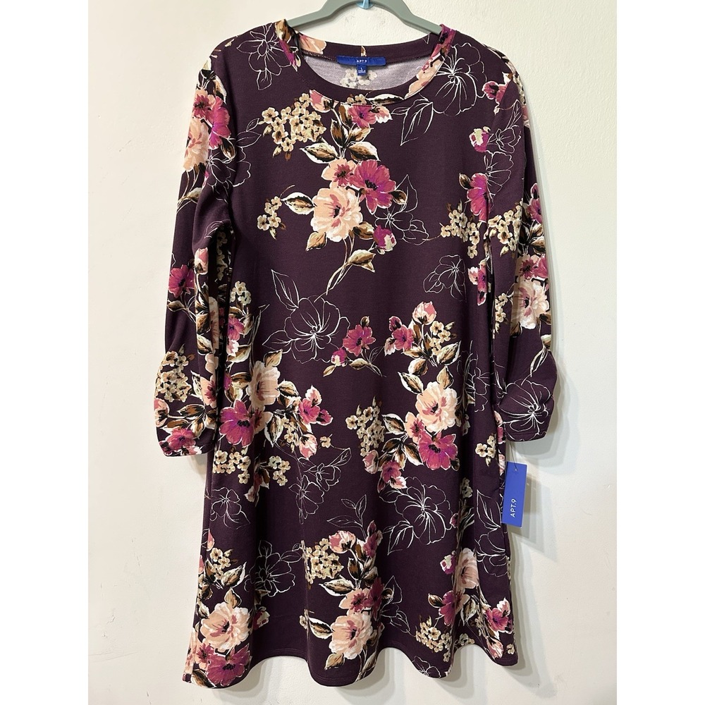 NWT Apt 9 Women Large Floral Knit Swing Dress Pockets Plum Purple Long Sleeve L⁠